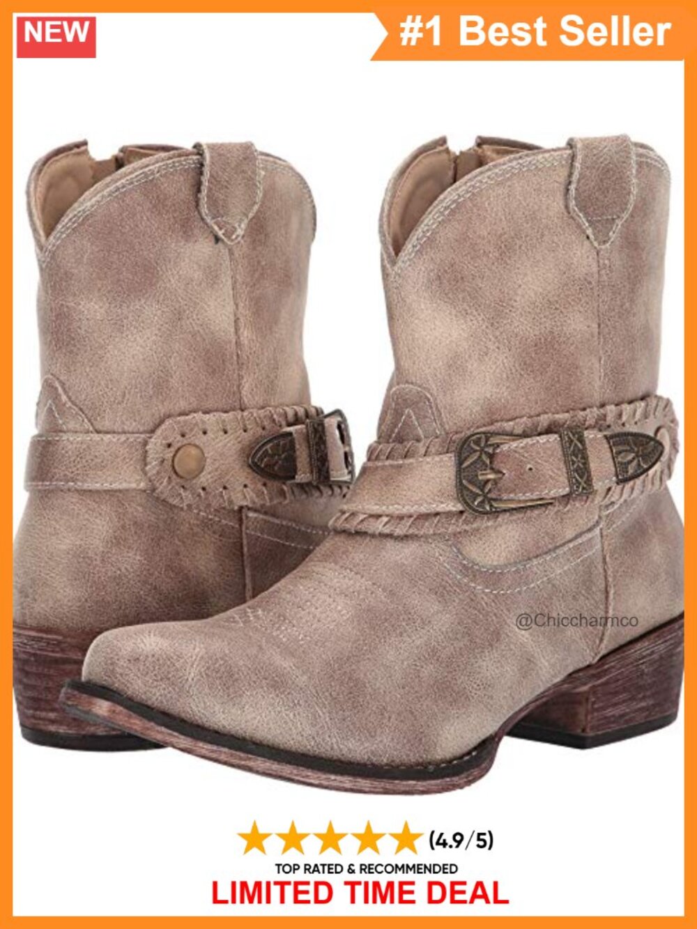 Faux Leather Ankle Western Bootie with Buckle Whipstitch